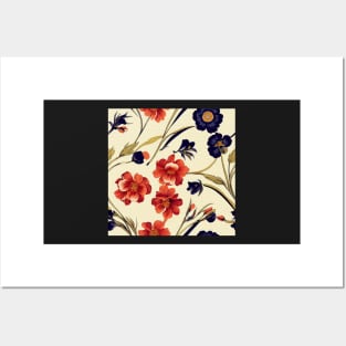 Pretty Orange Red and Deep Blue Flower Pattern on Dark Background Posters and Art